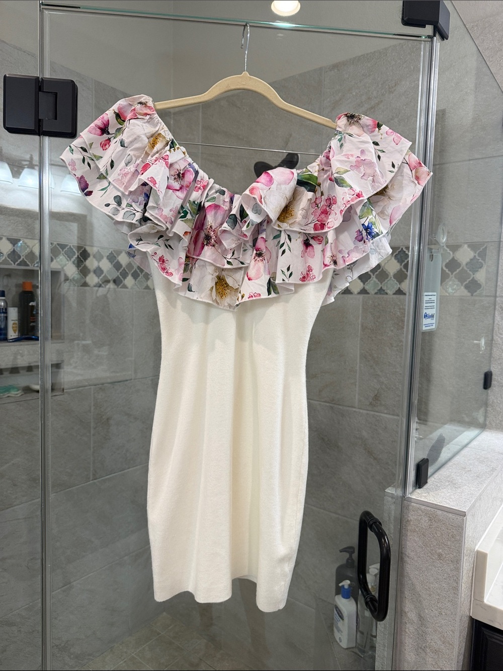 White bodycon off the shoulder mini dress